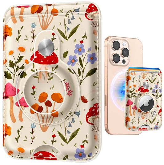 Shorogyt for Magnetic Phone Wallet with AirTag Holder for Women - Cute Card Holder Compatible with MagSafe Magnet for iPhone 16/15/14/13/12 Series Slim Mag Wallets for Apple RFID Fit 3 Cards Plant