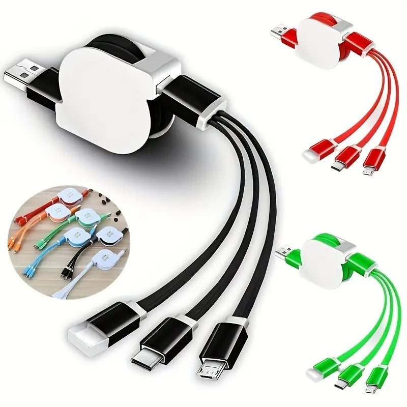 1M 3-in-1 Retractable USB Charger Cable for Smartphones