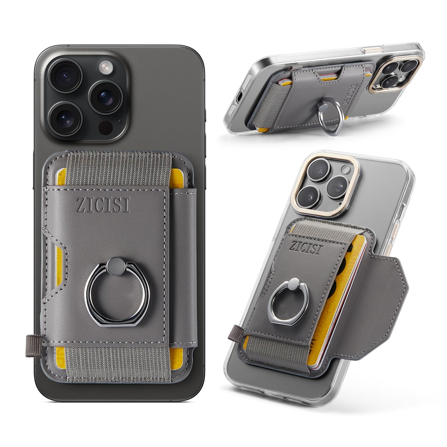 ZICISI Magnetic Card HolderCompatible with MagSafe Wallet with Finger RingPU Leather & 8 Credit Cardsfor Apple iPhone 16/15/14/13/12 pro Max/Mini/plusGrey