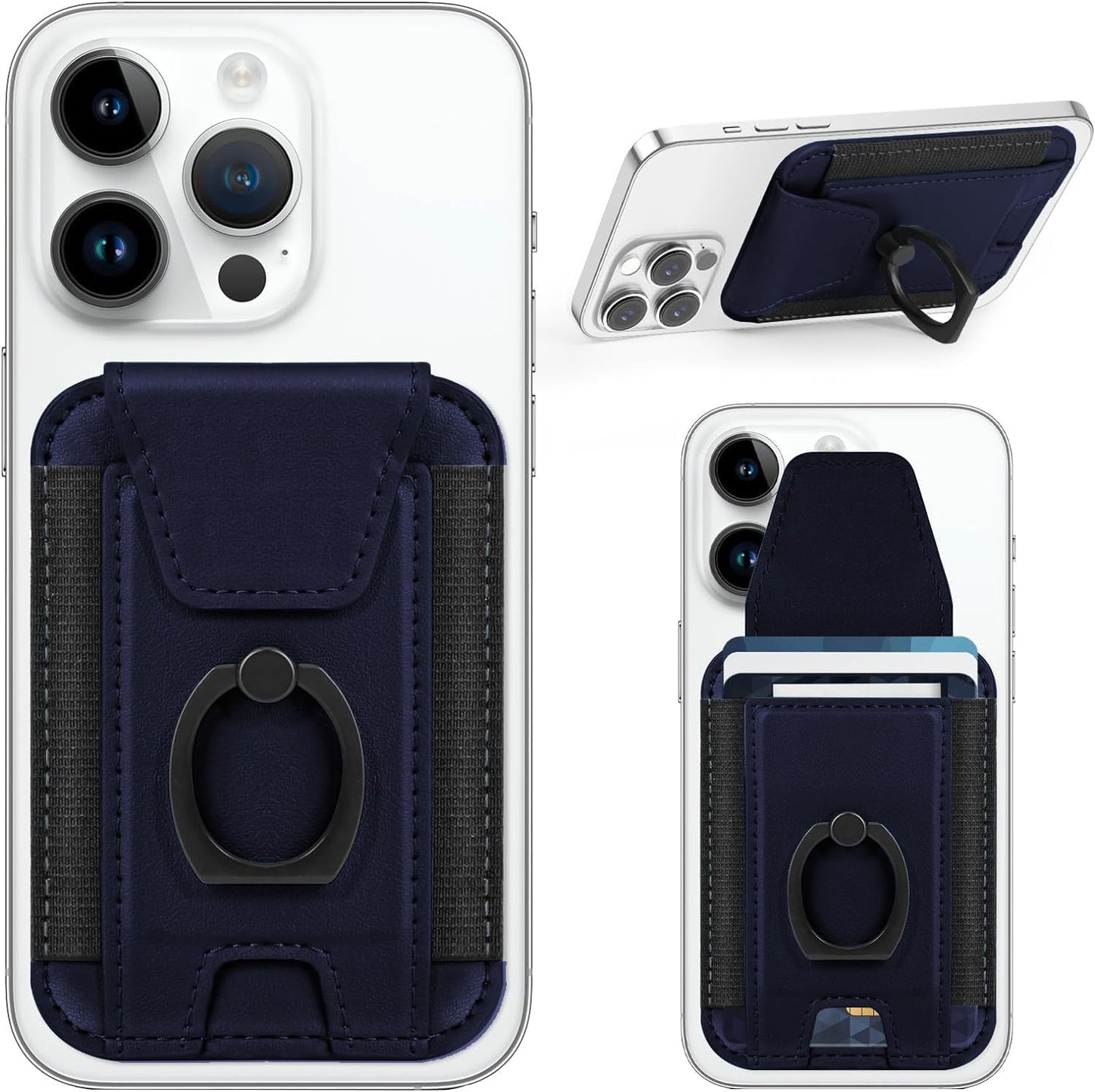 Mizi 3-in-1 Magnetic Wallet with Phone Ring Stand Compatible with Mag-Safe Wallet Magnetic Privacy Flap Phone Wallet with Phone Ring for iPhone 15/14/13/12 Series 7 Cards Holder - Blue