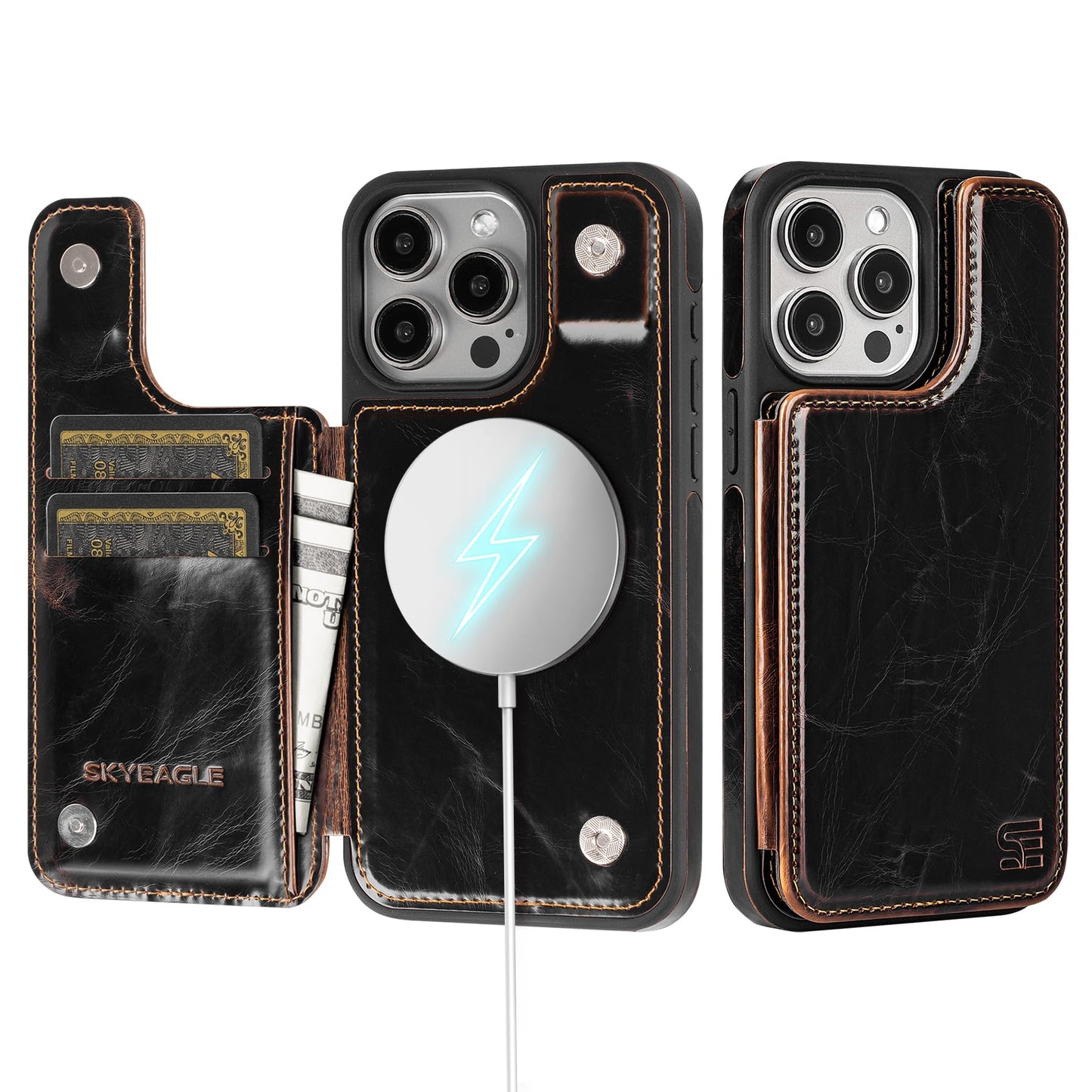 SkyEagle for iPhone 15 Pro Wallet Case with Card Holder Compatible with Magsafe Kickstand RFID Blocking Flip Cover Credit Card Slots PU Leather Men Women Phone Case for Apple 15 Pro 6.1"Coffee