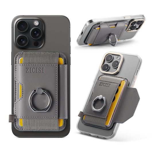 ZICISI Magnetic Card HolderCompatible with MagSafe Wallet with Finger RingPU Leather & 8 Credit Cardsfor Apple iPhone 16/15/14/13/12 pro Max/Mini/plusGrey