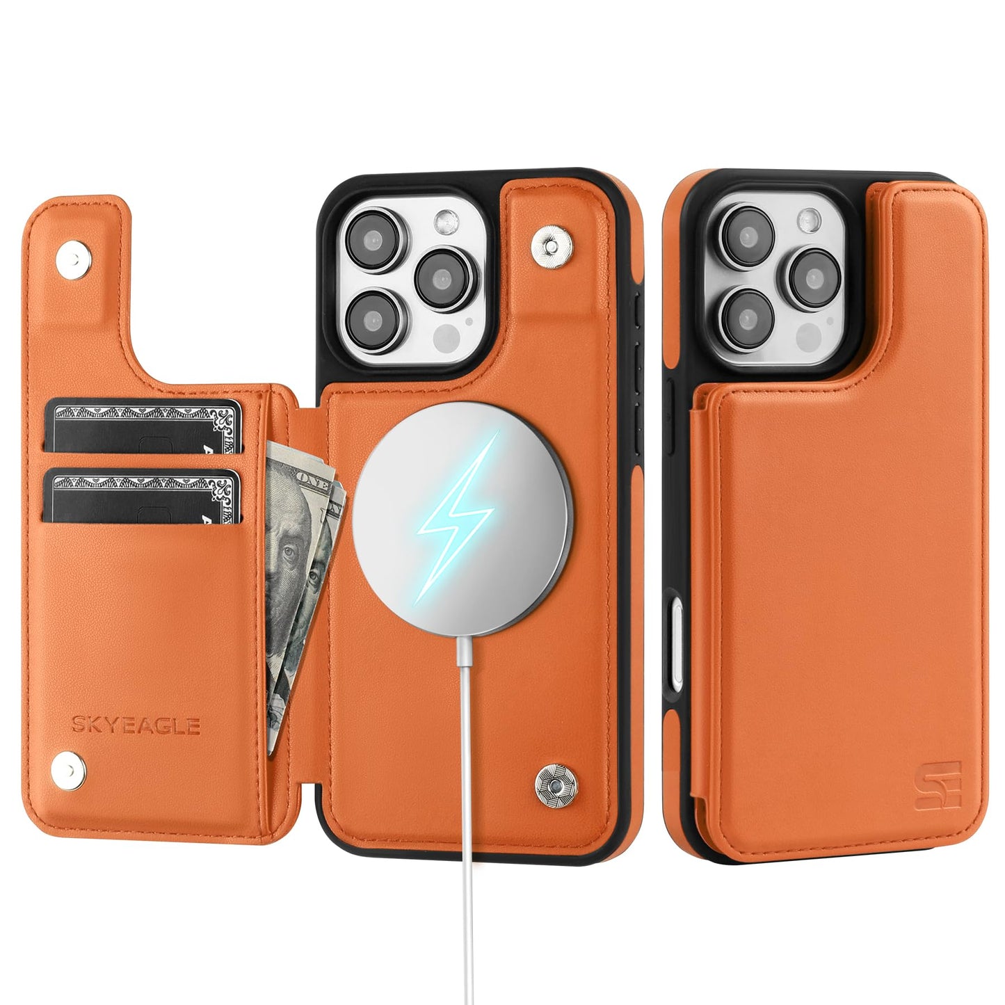 SkyEagle Compatible with Magsafe for iPhone 16 Pro Wallet Case with Card HolderWomen Men Phone Case PU Leather Kickstand Flip Protective Shockproof Cover Credit Card Slotsfor Apple 16 Pro6.3Orange