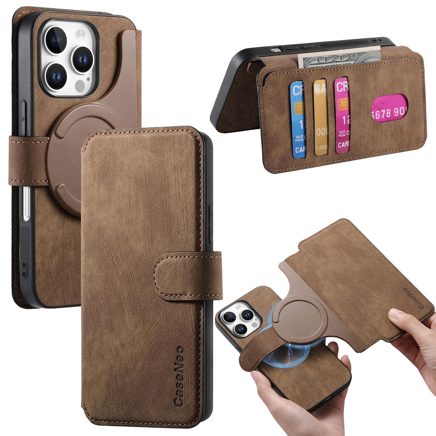 CCSmall for Apple iPhone 16 Pro Wallet Case Detachable Magnetic Phone Cover [Compatible with Magsafe] Material Retro Folio Flip Leather Case with Card Slots for iPhone 16 Pro KQX Brown