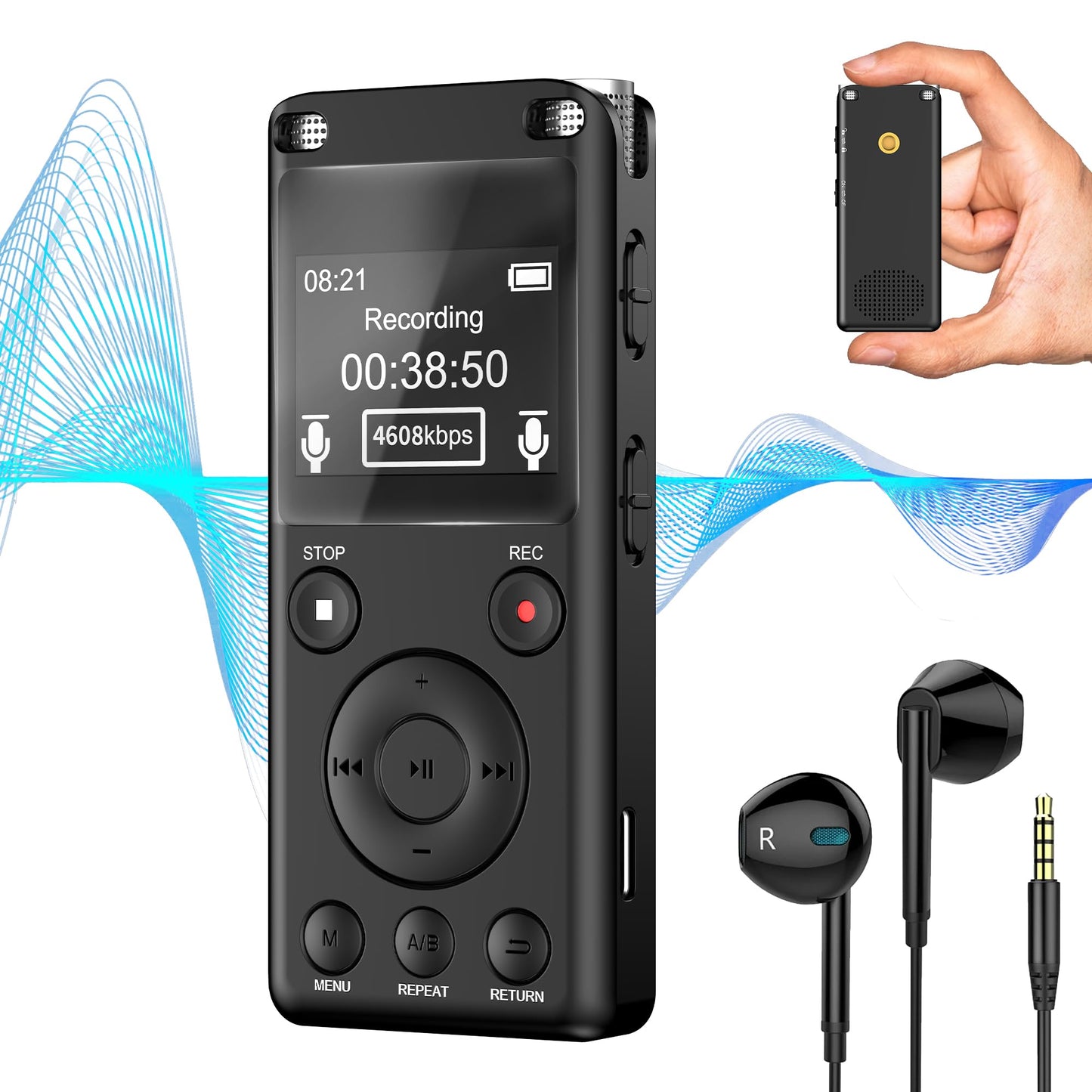 128GB Digital Voice Activated Recorder with Playback - AI Noise Cancelation Audio Recorder 9120H Audio Storge 4608 Kbps HD Tape Recorder Device for Lecture Dual Stereo MIC Recording Device