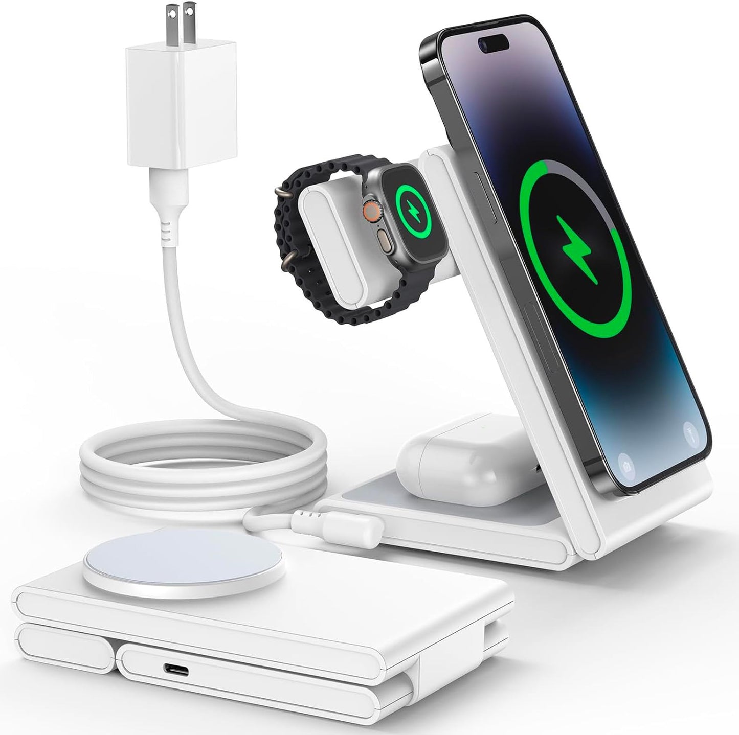 LunaBox MagSafe 3 in 1 Charging Station for iPhone Wireless Charger for iPhone 15 14 13 12 11 X Pro Max & Apple Watch - Charging Stand for AirPods 3/2/1/Pro (White)